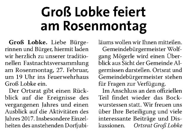 Algermissener Gemeindebote Einladung Fastnachtsversammlung 22.02.2017