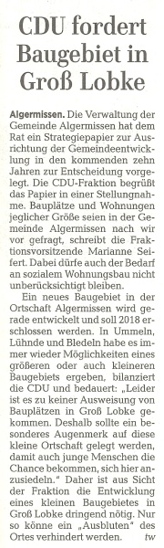 HAZ Artikel über Planung mögliches Baugebiet 26.05.2017