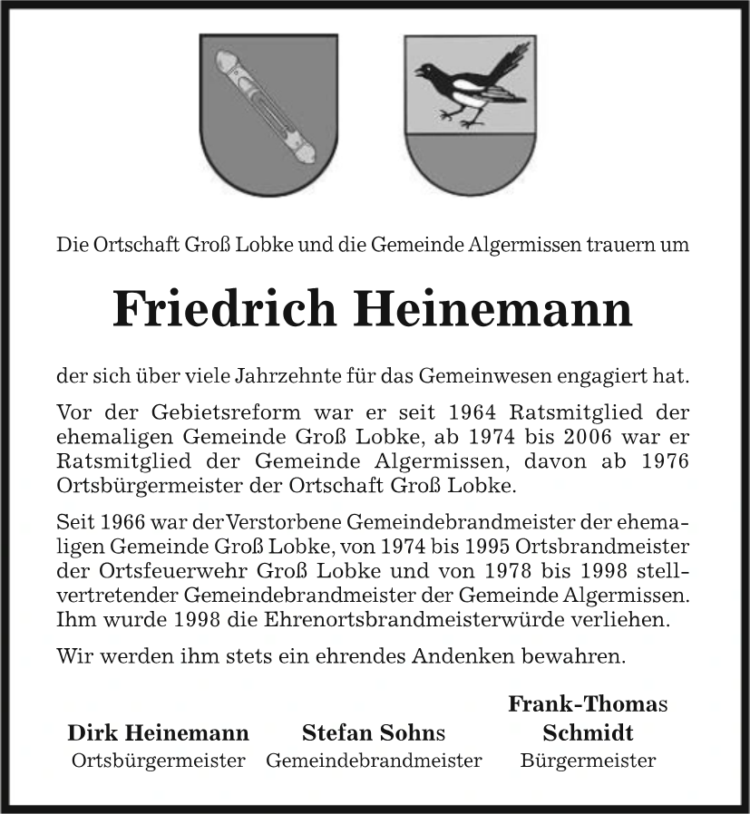 Traueranzeige Friedrich Heinemann